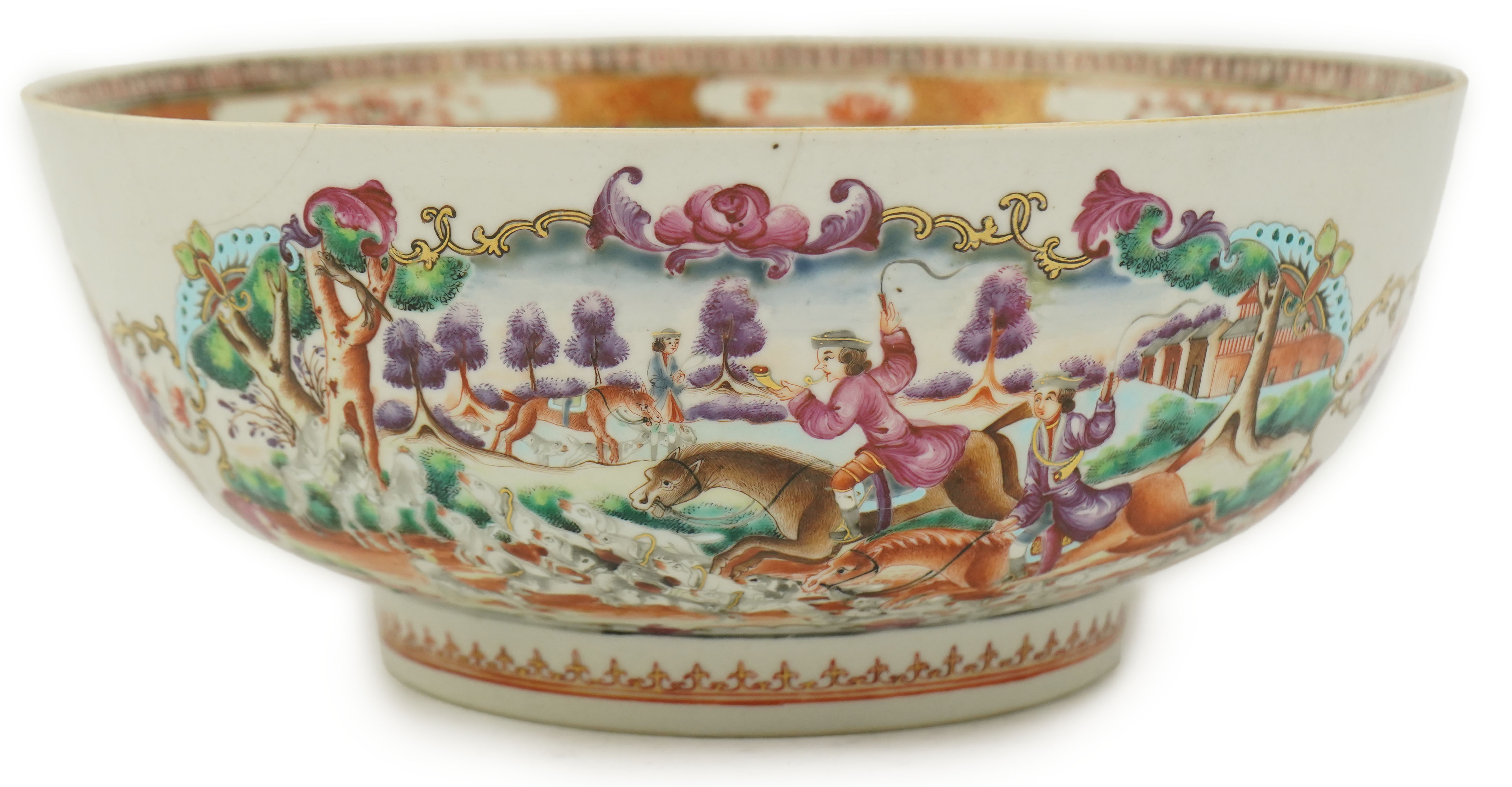 A Chinese export European subject ‘hunting’ punch bowl, Qianlong period